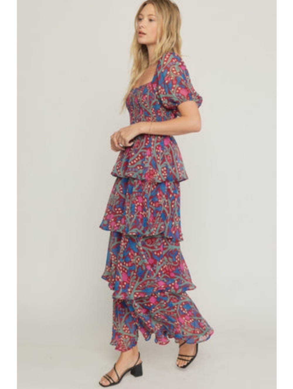 Entro Floral Tiered Maxi Dress L Puff Sleeve Smocked Cottagecore Boho - Picture 11 of 16